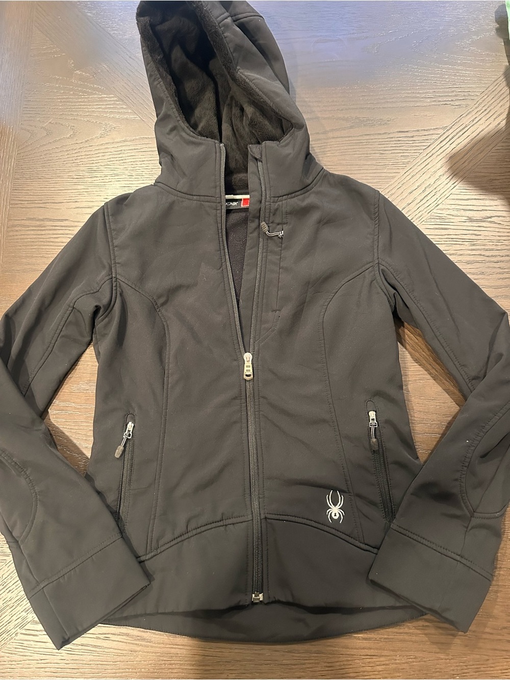 Spyder Black Hooded Softshell Jacket with Silver Logo